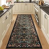 DUKINO 2x6 Runner Rug for Hallway, Washable Vintage Floral Kitchen Rug with Non Slip Backing, Soft Low Pile Throw Carpet Runner for Kitchen, Laundry, Hallway, Bathroom, Black