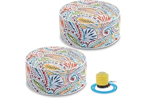 Juexica 2 Pack Outdoor/Indoor Inflatable Ottoman 21 x 9 Inch Paisley All Weather Round Footrest Stool with Handle Water Repellent Portable Footstool Pouf for Patio Garden Camping Home Deck Travel
