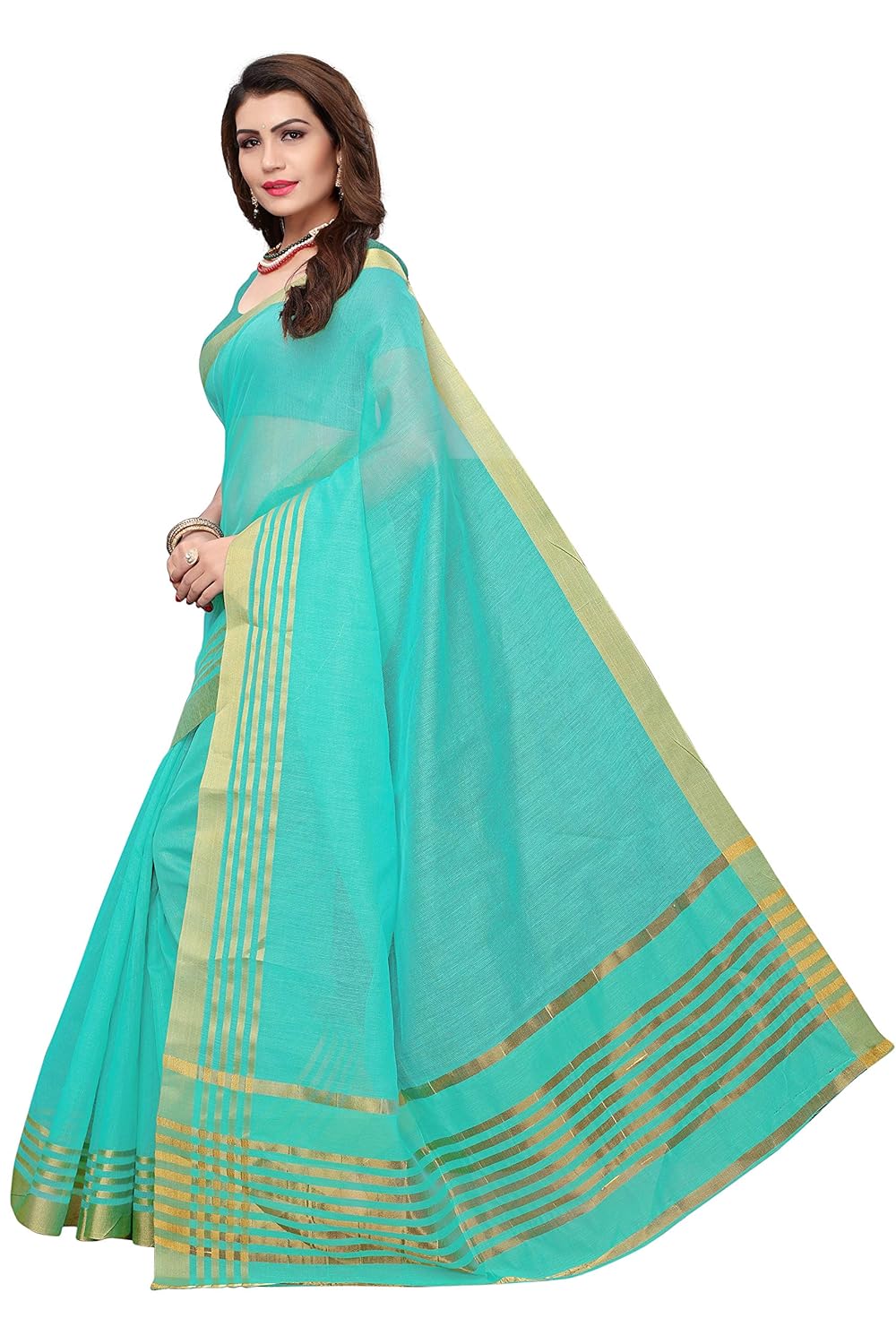 indira designer women's art cotton silk gold stripes saree with blouse