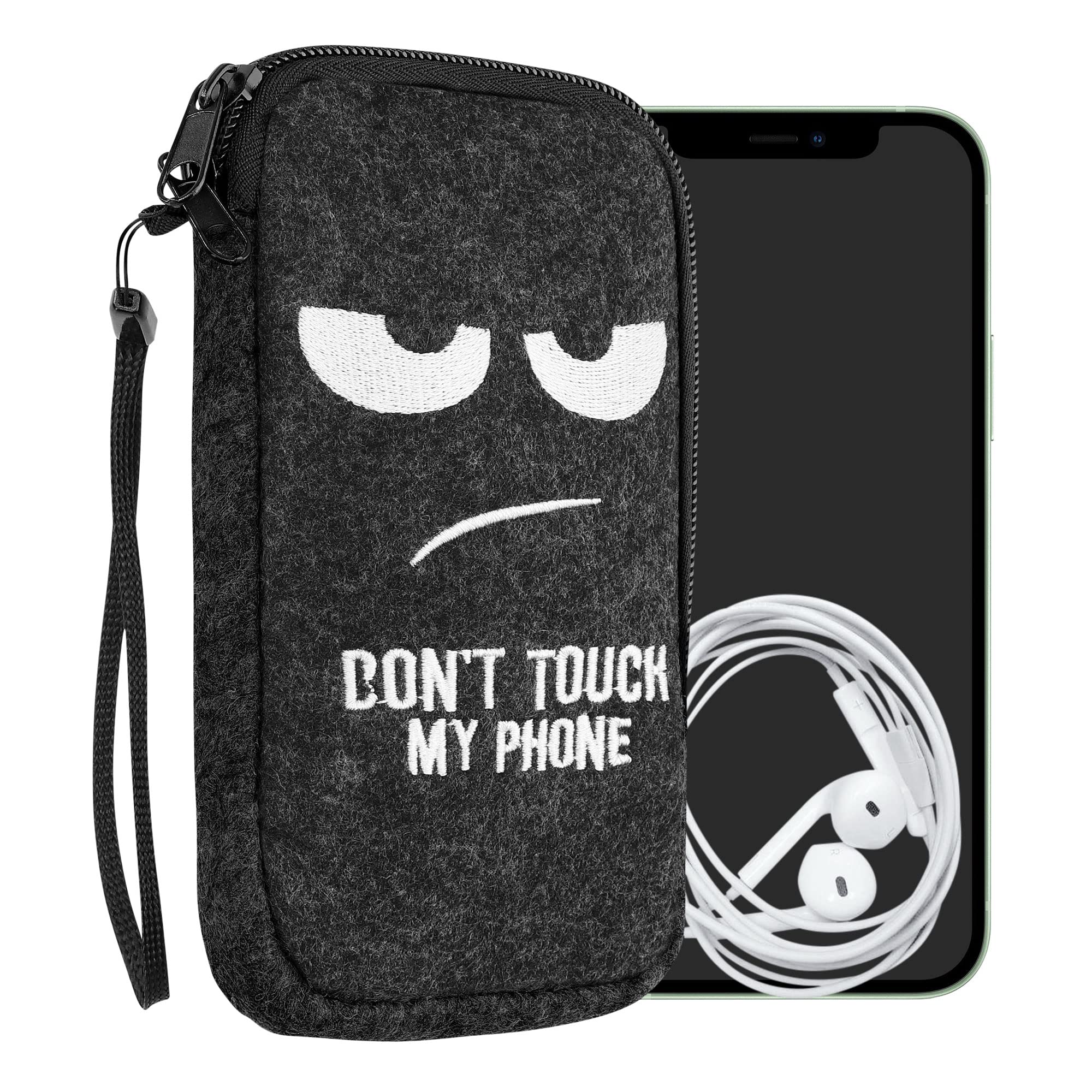 kwmobile Felt Phone Pouch Size XL - 6.7/6.8" - Zippered Universal Bag with Zipper and Embroidered Design - Don't Touch My Phone White/Dark Grey