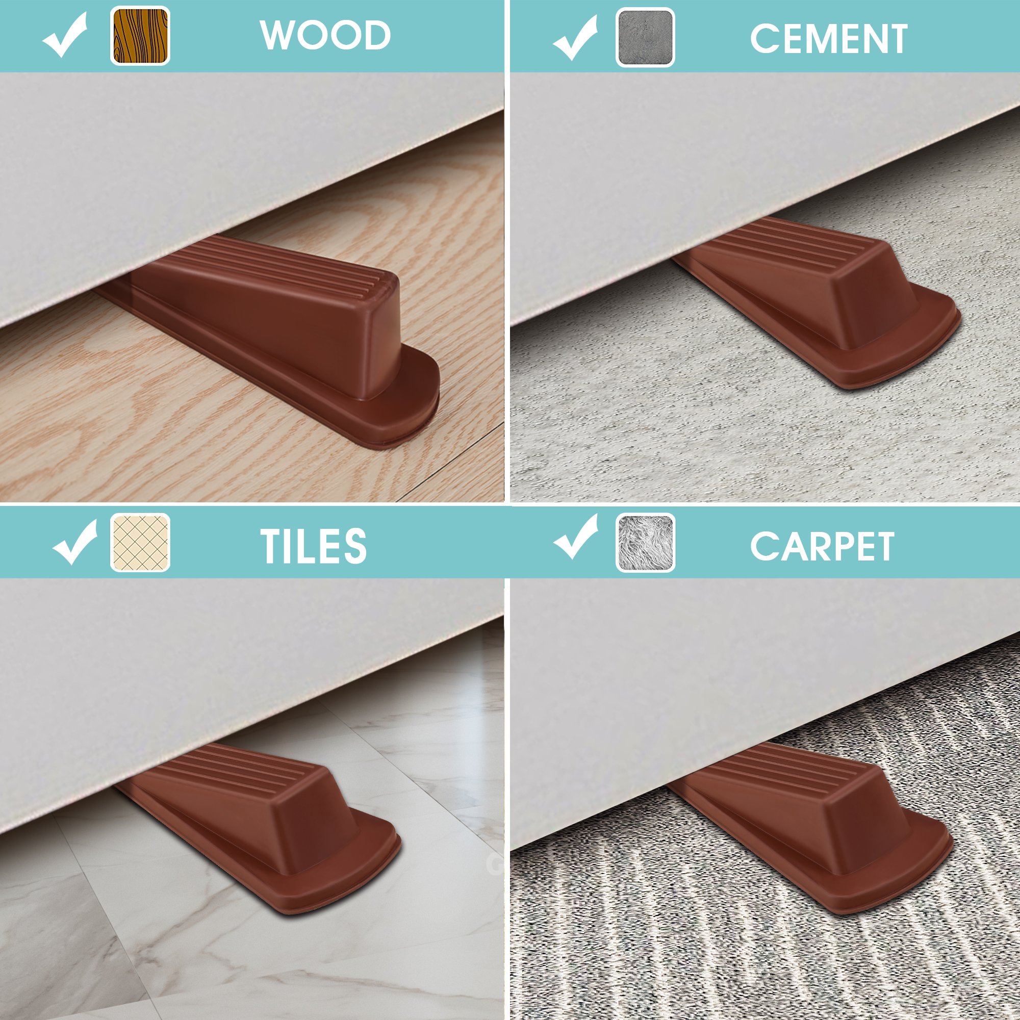 Door Stopper Set Heavy Duty Door Stop Wedge Rubber with 2 Pcs Finger Pinch Guard + 2 Pcs Self-Adhesive Door Knob Wall Protector Work On All Floor Surface