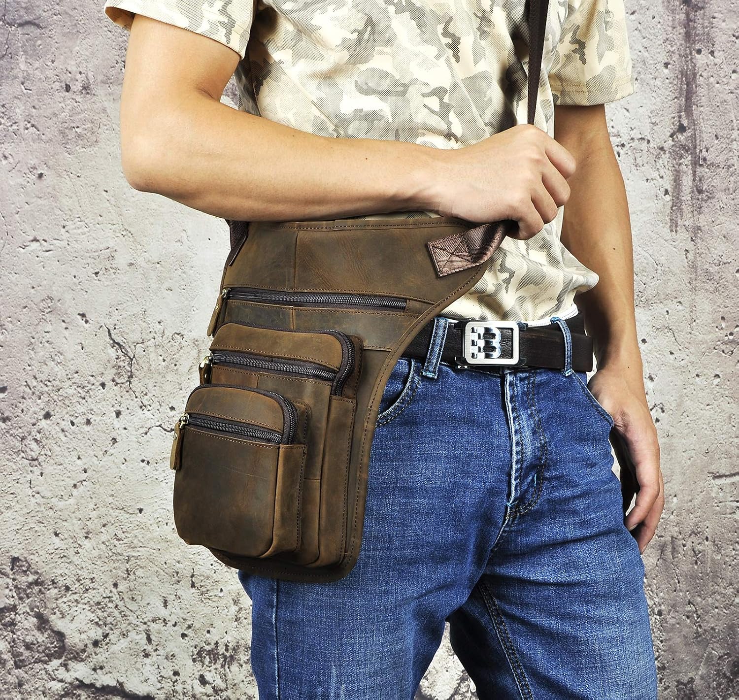 Le'aokuu Mens Genuine Leather Sport Outdoor Hip Bum Fanny Belt Waist Pack Drop Leg Thigh Messenger Bag 3111 (3111 Brown) - Image 3