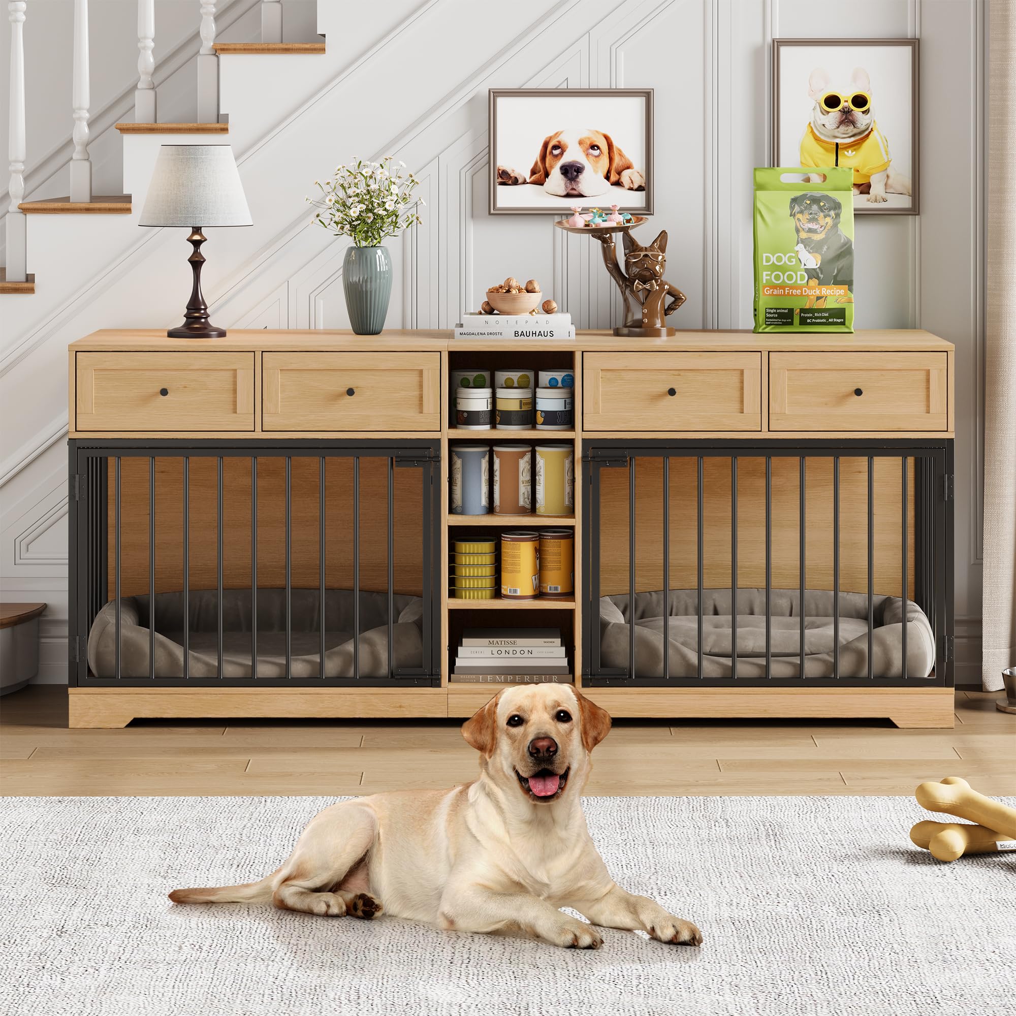 View 1 of **Missing parts** 
GAOMON Dog Crate Furniture for 2 Dogs, 82'' Large Dog Kennel Indoor with 4 Storage Drawers and 4 Shelves, Double Dog Crate TV Stand for Medium and Large Dogs, Natural