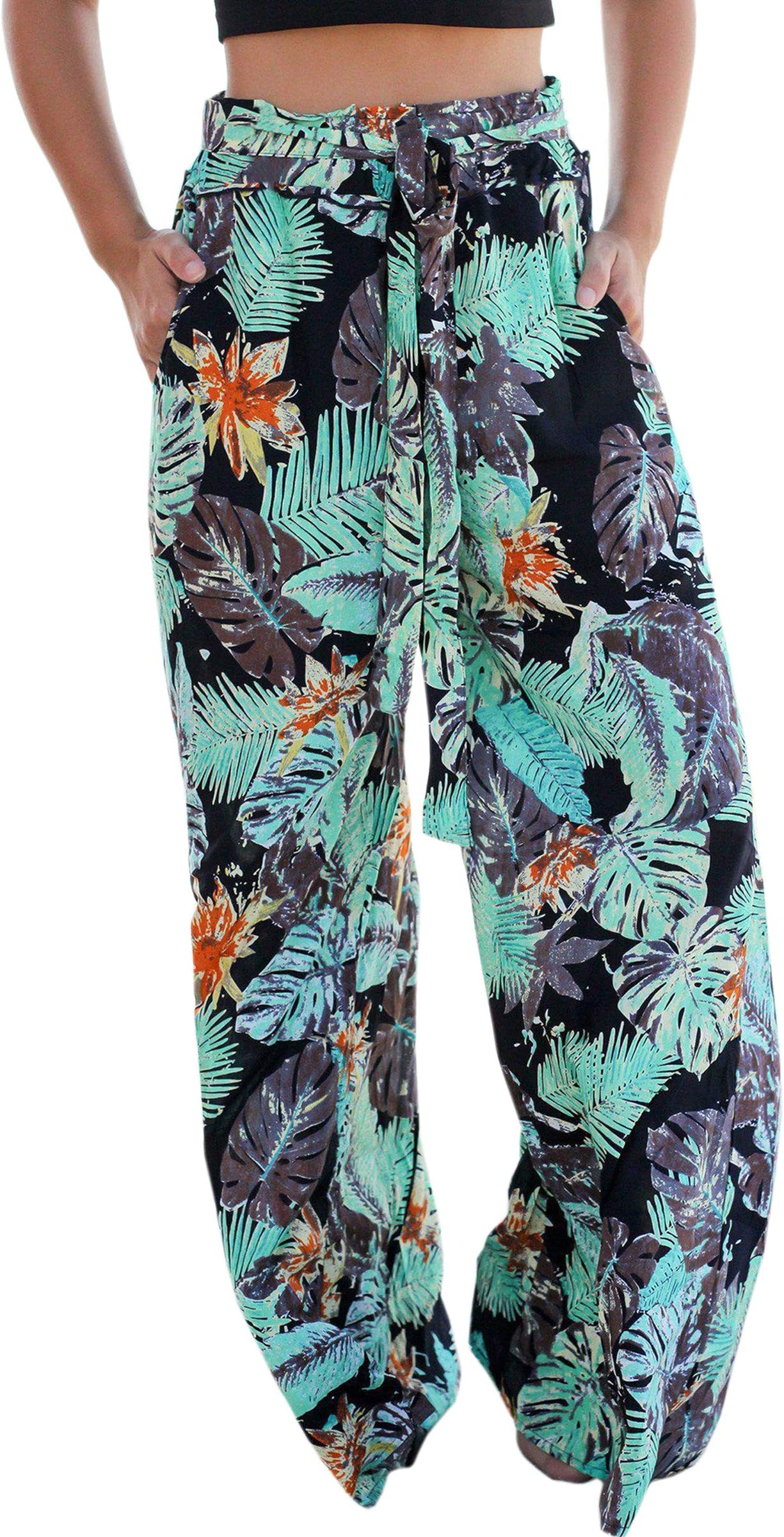 ECOWISH Women's Casual Floral Print Belted Summer Beach High Waist Wide Leg Pants with Pockets