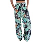ECOWISH Wide Leg Pants for Women Summer 2026 Palazzo Tropical Floral Casual High Waist Flared Trousers with Pockets