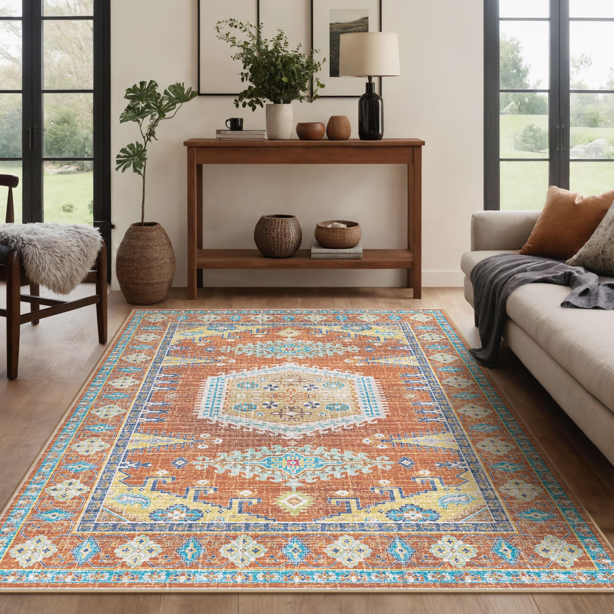 View 1 of Kokia Area Rugs Living Room 8x10 Ultra-Thin No Pile Washable Maple Red Large Area Rug Bedroom Geometric Tribal Distressed Lightweight Carpet for Dining Room Home Office