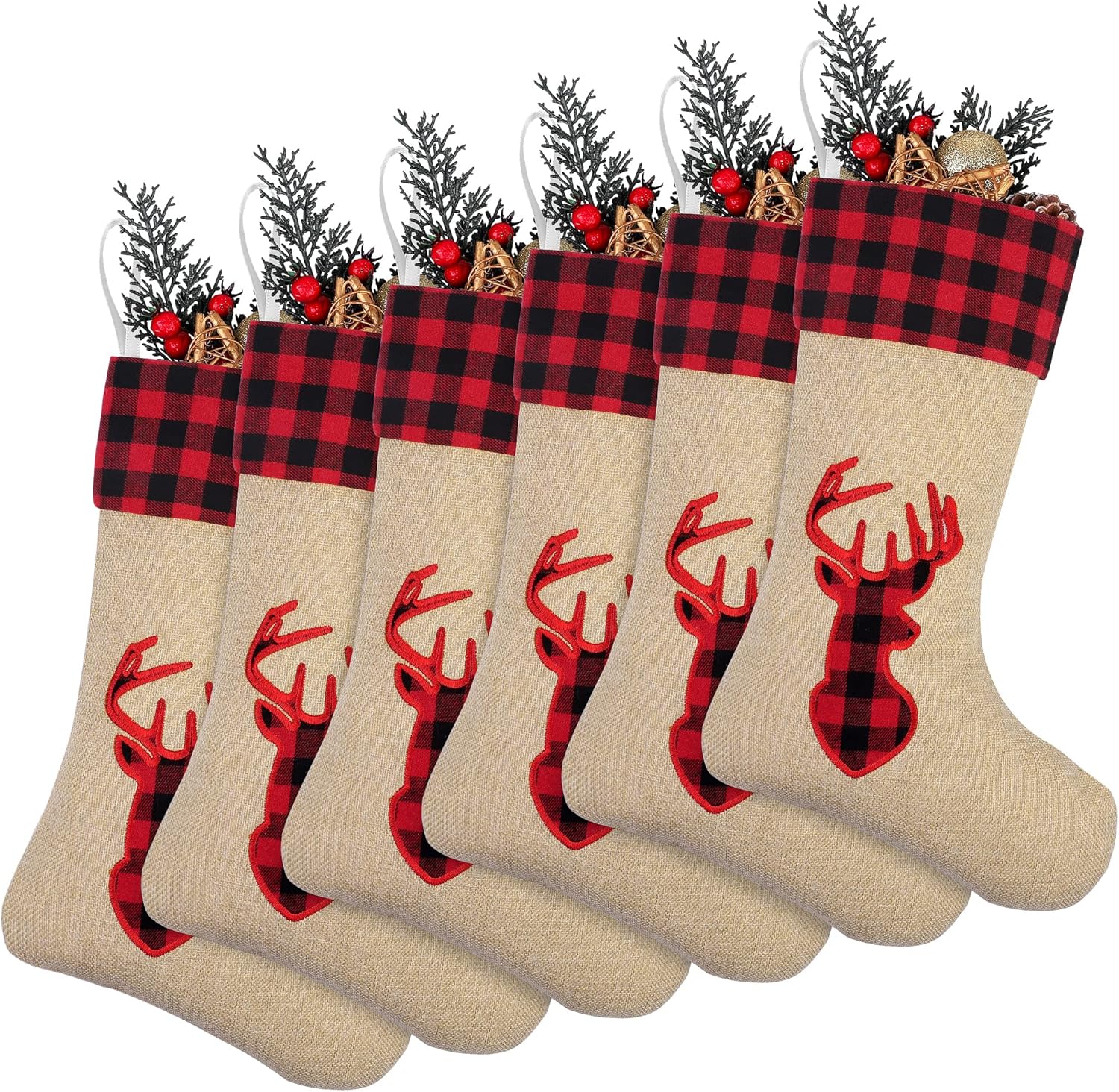 Stockings & Holders - ANVAVO 6 Pack Burlap Christmas Stockings 18 Inch Large Burlap Xmas Stockings with Red and Black Buffalo Plaid Cuff Fireplace Hanging Stockings Decoration Stockings for Family Holiday Xmas Party