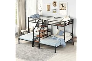 BOVZA Twin Size L-Shaped Metal Triple Bunk Bed with Storage Stairs, Twin Over Twin & Twin Triple Bunk Beds for 3 Kids Teens Girls Boys, Black