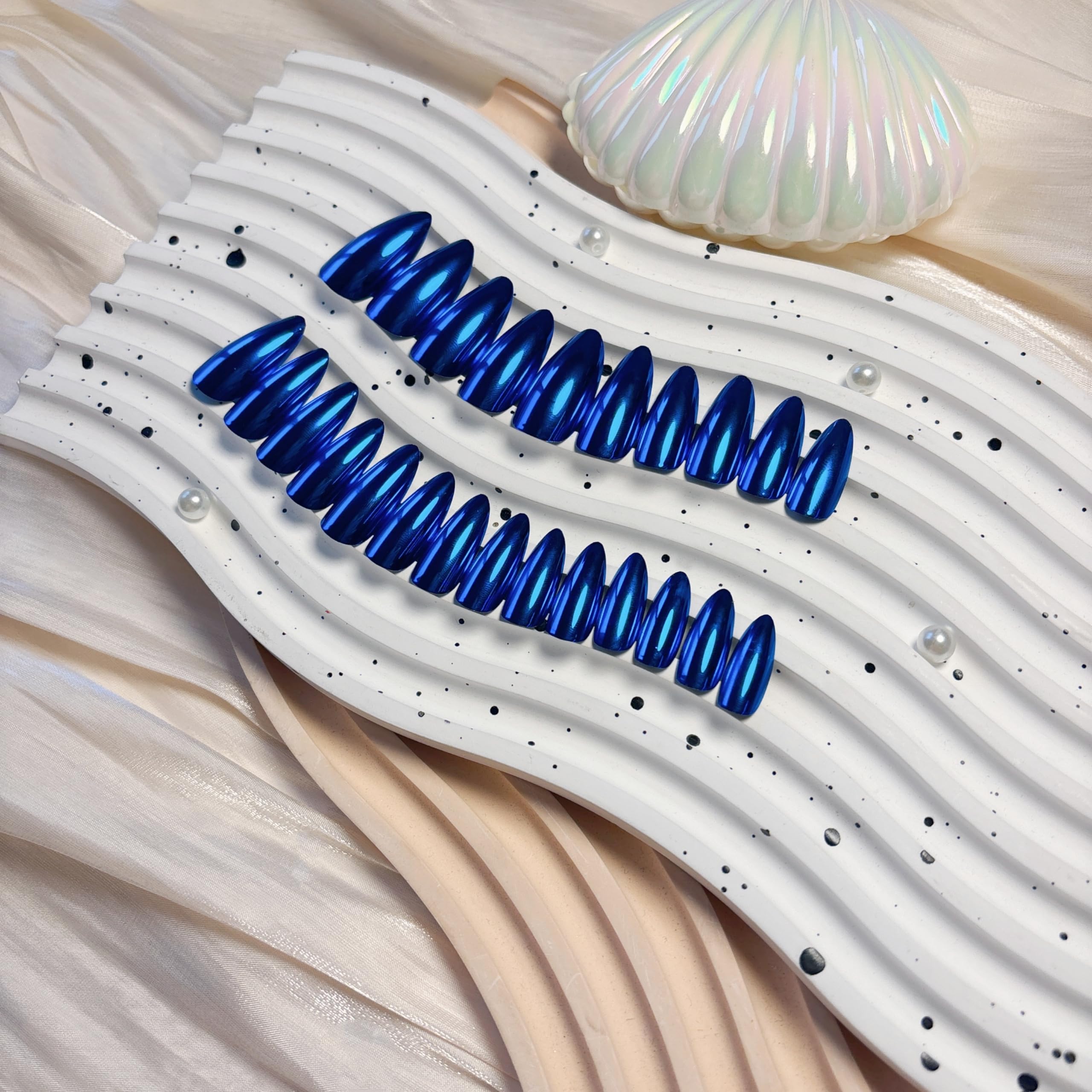 Royal Blue Chrome Press on Nails Medium Almond, KQueenest Mirror Metal Stiletto Fake Acrylic Nails with Bling Design, Dark Color Glue on Nails for Daily Party Wear, False Nails Press ons in24 PCS - Image 4