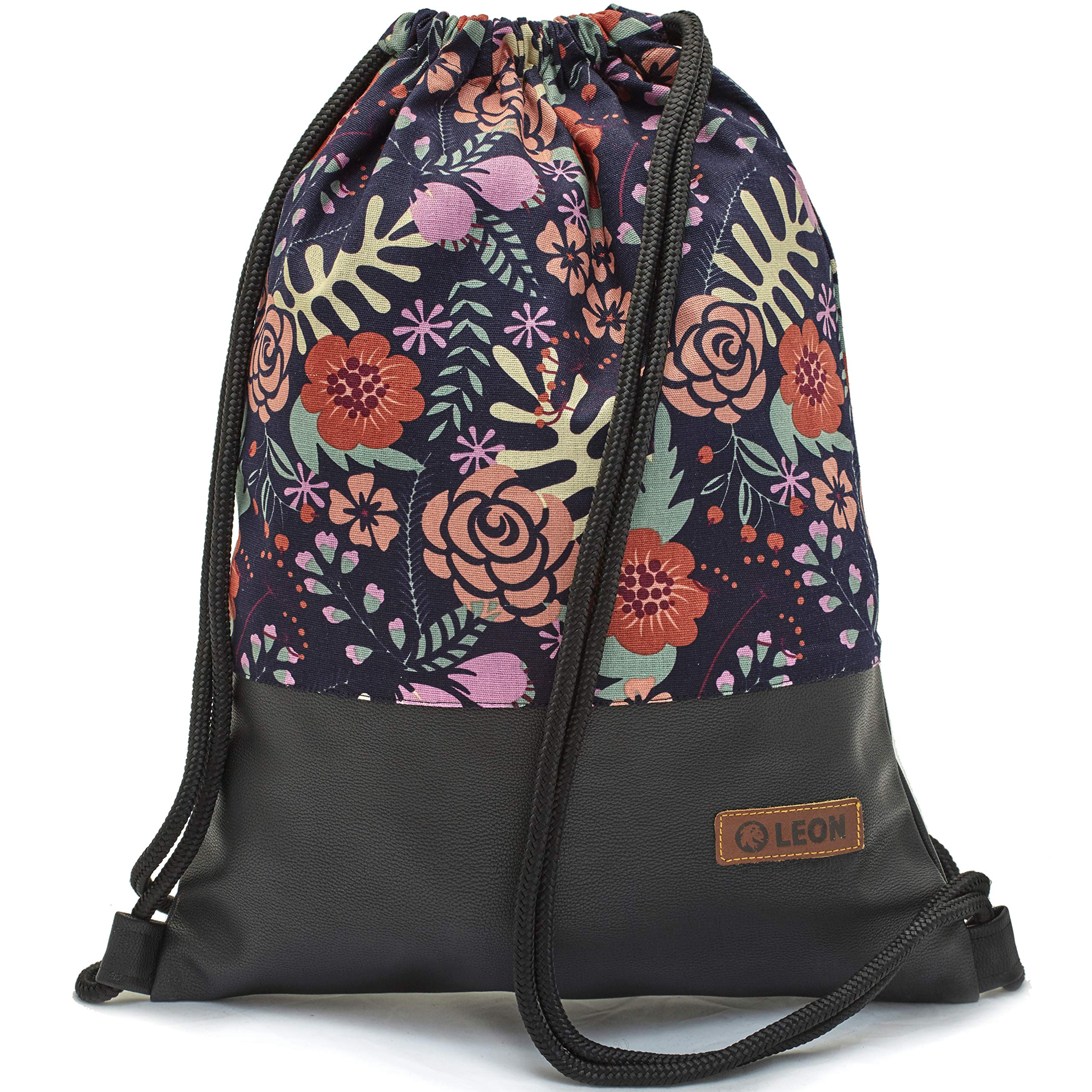 By Bers Leon Gym Bag with Inner Pockets Zip Backpack Bag Women Men & Teenagers Gym Bag Draw String, Fern Black PU, 40cm hoch
