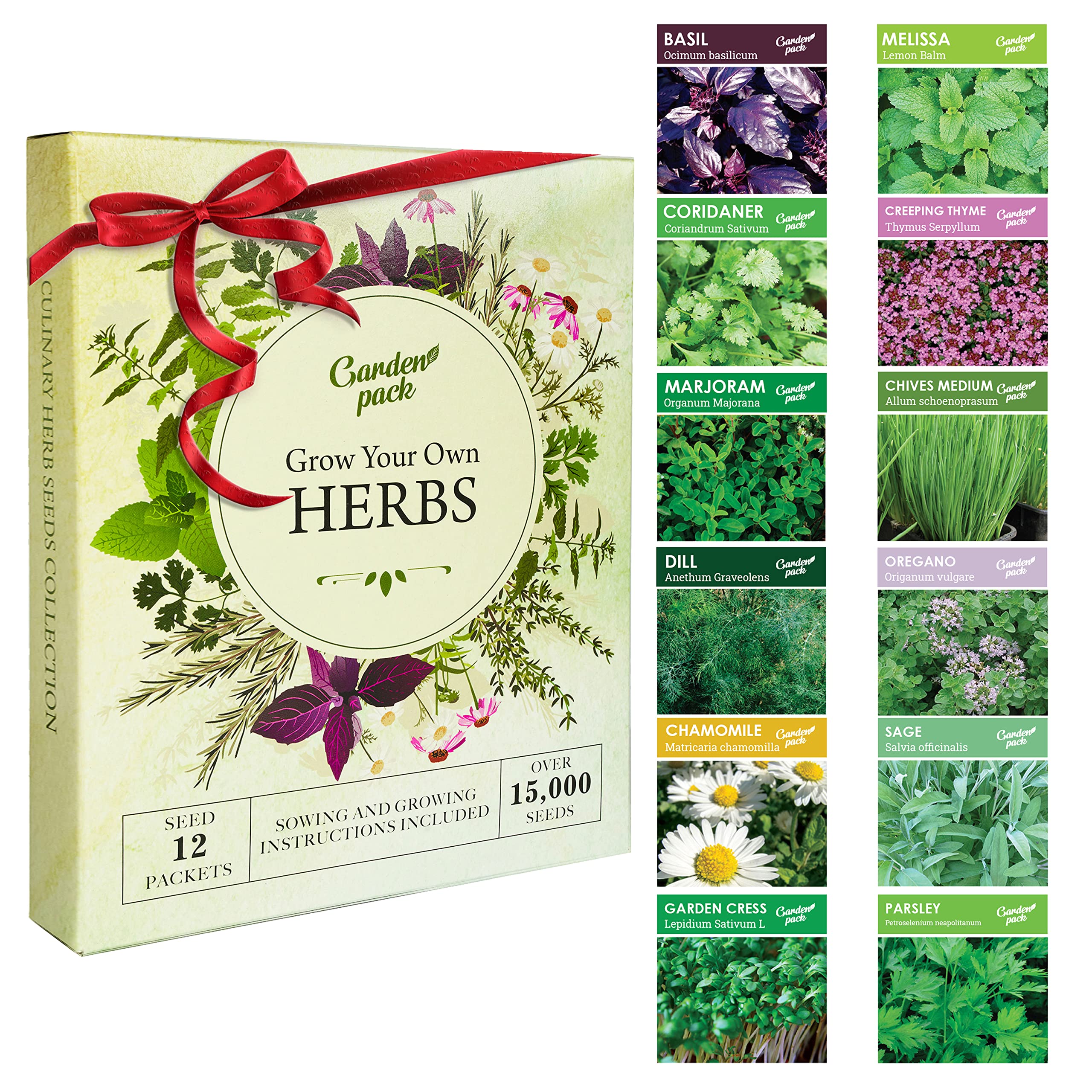 Garden Pack 12 Herb Seeds Variety – Grow Your Own 15,000 Heirloom Seeds – Starter Kit Gardening Gift with Basil, Coriander, Oregano, Sage, and More for Indoor or Outdoor Growing