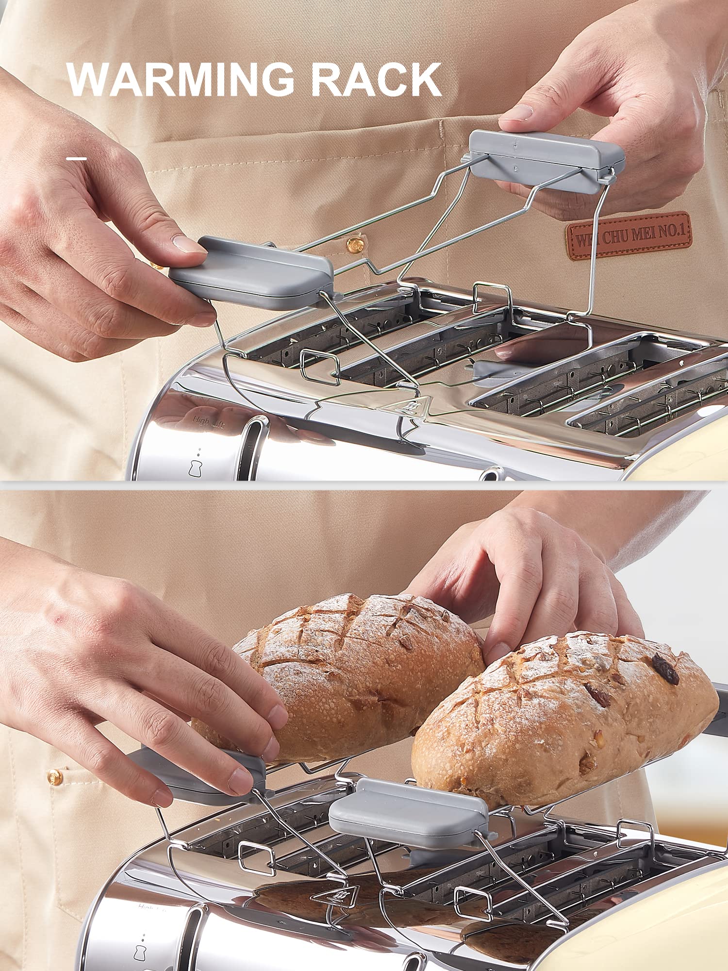 Toaster 4 Slice, Extra Wide Slots, Stainless Steel with High Lift Lever, Bagel and Muffin Function, Removal Crumb Tray, 7-Shade Settings with Warming Rack, Yellow, Yabano