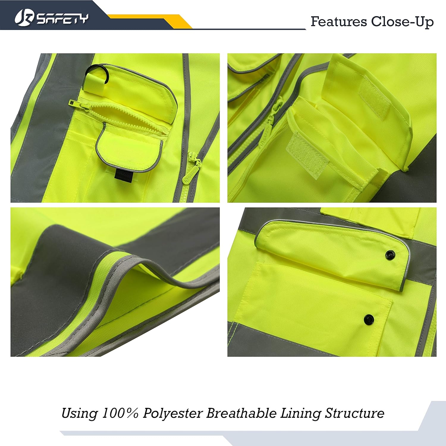 JKSafety 9 Pockets Class 2 High Visibility Zipper Front Safety Vest With Reflective Strips, Yellow Meets ANSI/ISEA Standards (Large) - - 