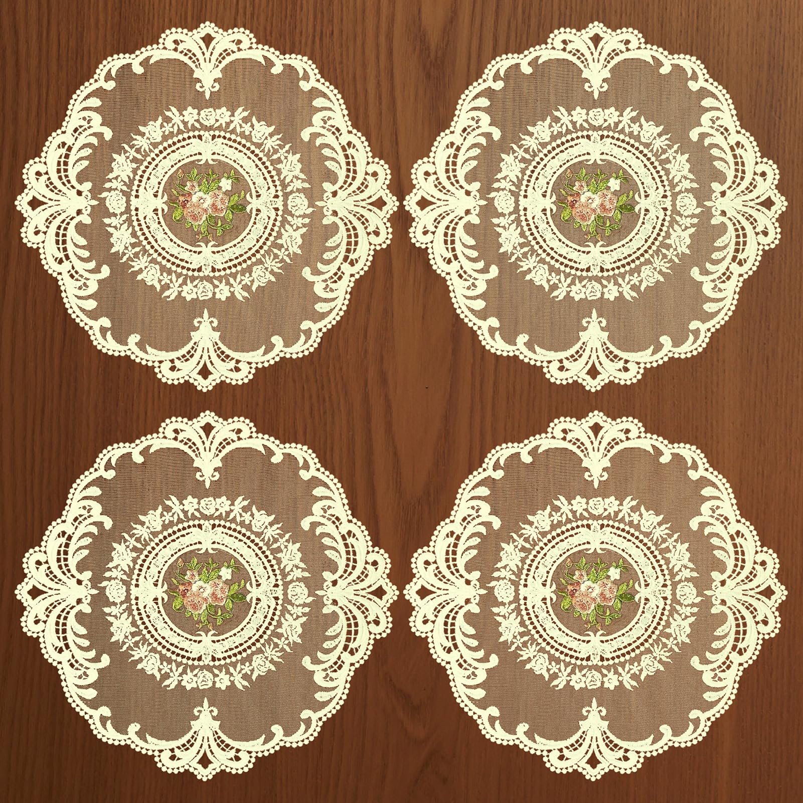 Photo 1 of 4Pcs Circle Doilies for Tables Victorian Decor, 11 Inch Lace Table Placemats, Vintage Home Doilies for Dessert Trays Nightstand Dresser, Beige