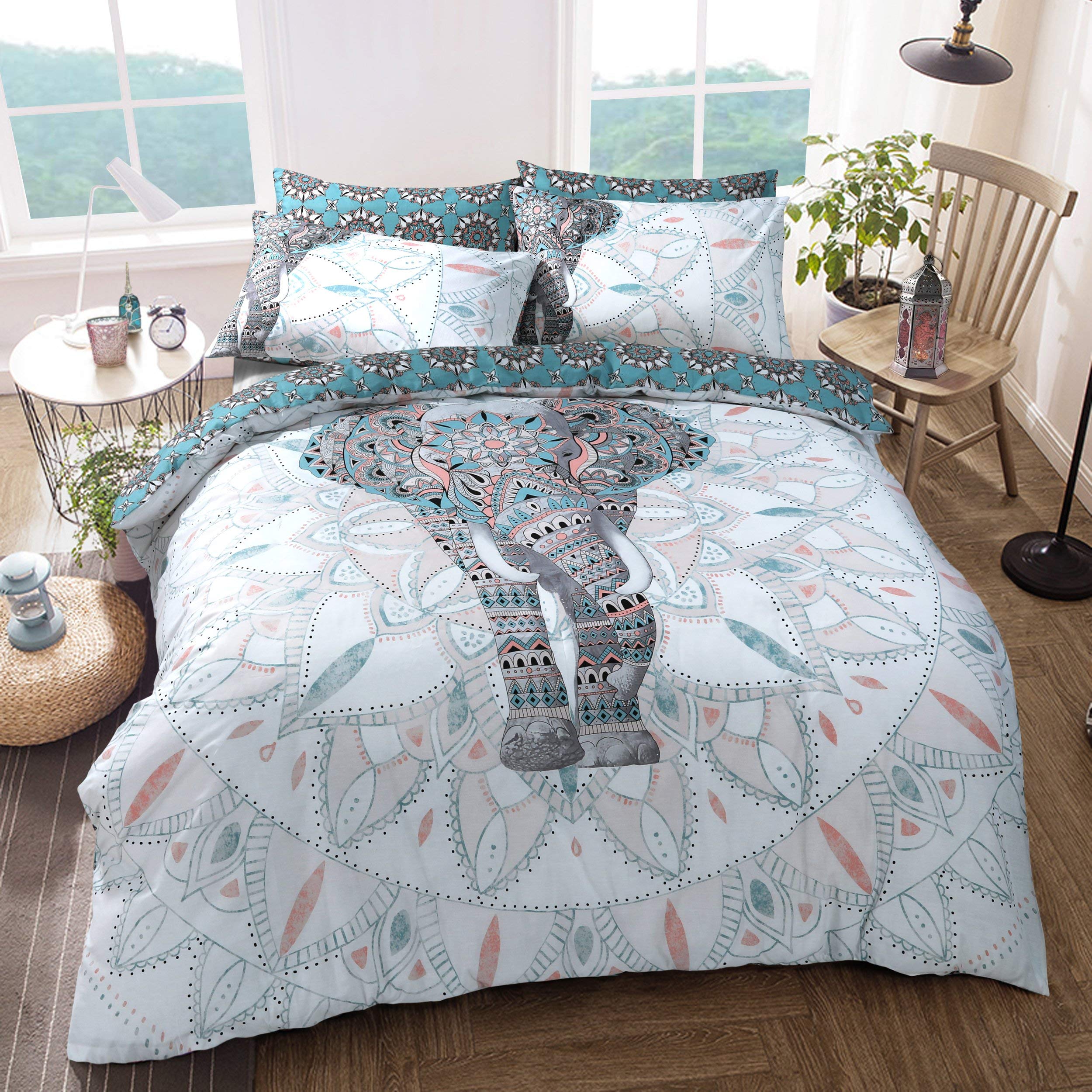 Sleepdown Elephant Mandala Teal Bed Reversable Quilt Duvet Cover Set Easy Care Anti-Allergic Soft & Smooth with Pillow Cases (Single)