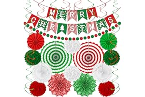 HEARTOME 28PCS Christmas Decorations, Christmas Banner Paper Fans Set, Red White Green Pompom Garland Paper Fans Hanging Swirls for Xmas Party Decorations Accessories Indoor Supplies Decor Ugly Sweater Set
