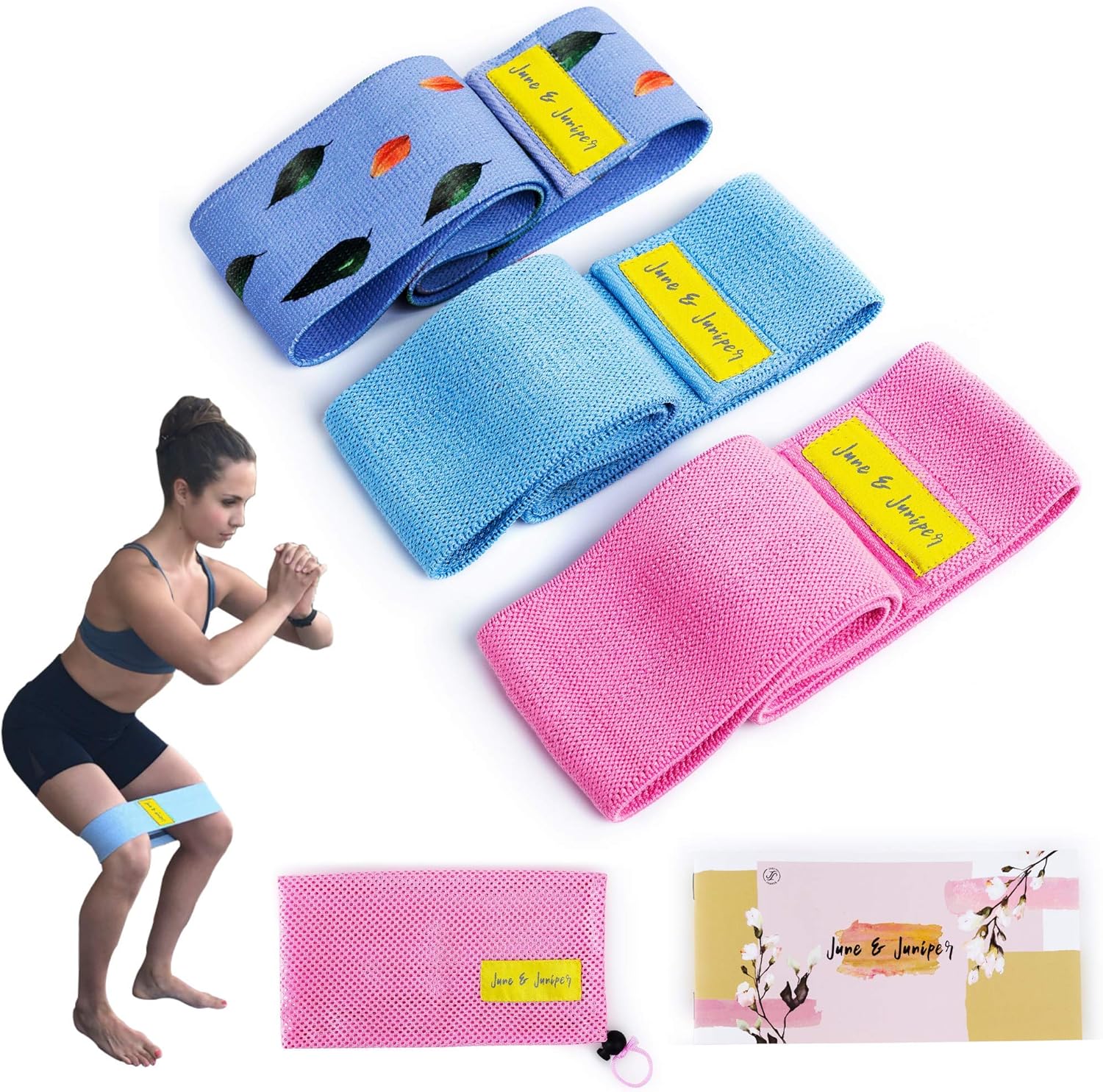 JUNE JJ JUNIPER Fabric Resistance Bands Set for Legs and Butt, 4 Pack Booty Bands,Exercise Bands,Workout Bands,Home Gym Workout Equipment with Core Sliders