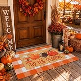 TIKIRUGI 2 Pcs Fall Football Doormat, Layered Pumpkin Welcome Mat with Orange White Buffalo Plaid Mat, Tis The Season Autumn Maple Leaves Front Door Mats, Non Slip Seasonal Porch Decor for Entrance