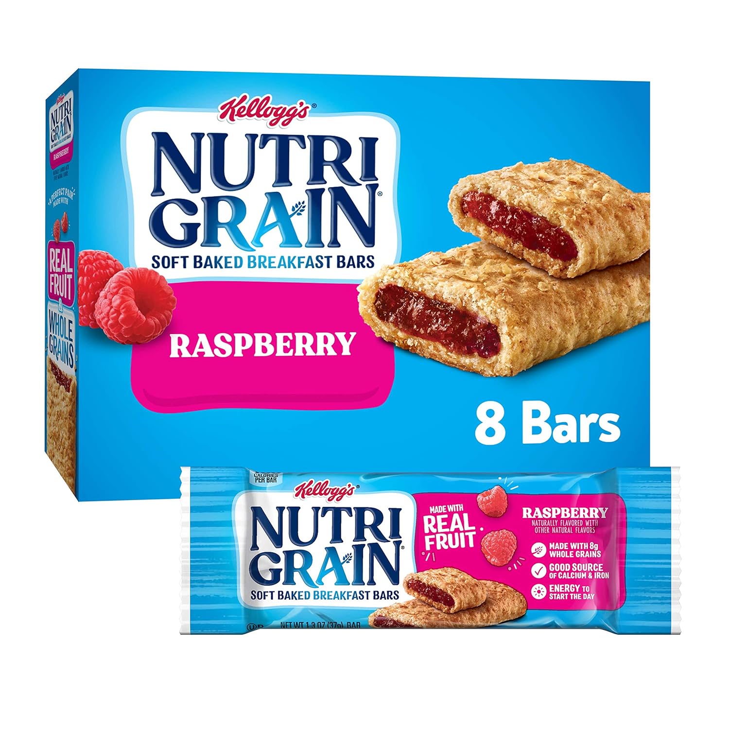 Kellogg's Nutri-Grain, Soft Baked Breakfast Bars, Raspberry, Made with Whole Grain, 10.4 oz (8 Count)