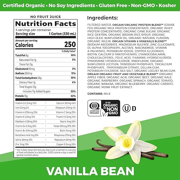 ORGAIN ORGANIC NUTRITIONAL SHAKE, VANILLA BEAN – MEAL REPLACEMENT, 16G PROTEIN, 20 VITAMINS & MINERALS, GLUTEN FREE, SOY FREE, KOSHER, NON-GMO, 11 OUNCE, 4 COUNT (PACKAGING MAY VARY)