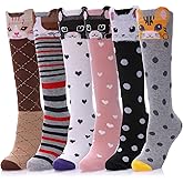 POEATEZO 3-12 Years Girls Knee High Socks Kids Funny Animal Pattern Warm Cotton Long Tall Boot Socks 6 Pairs