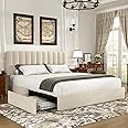 VECELO Queen Size Upholstered Bed Frame with 4 Drawers and Headboard, Velvet Platform Storage Bedframe, Wooden Slats Support, No Box Spring Needed,Bone Beige