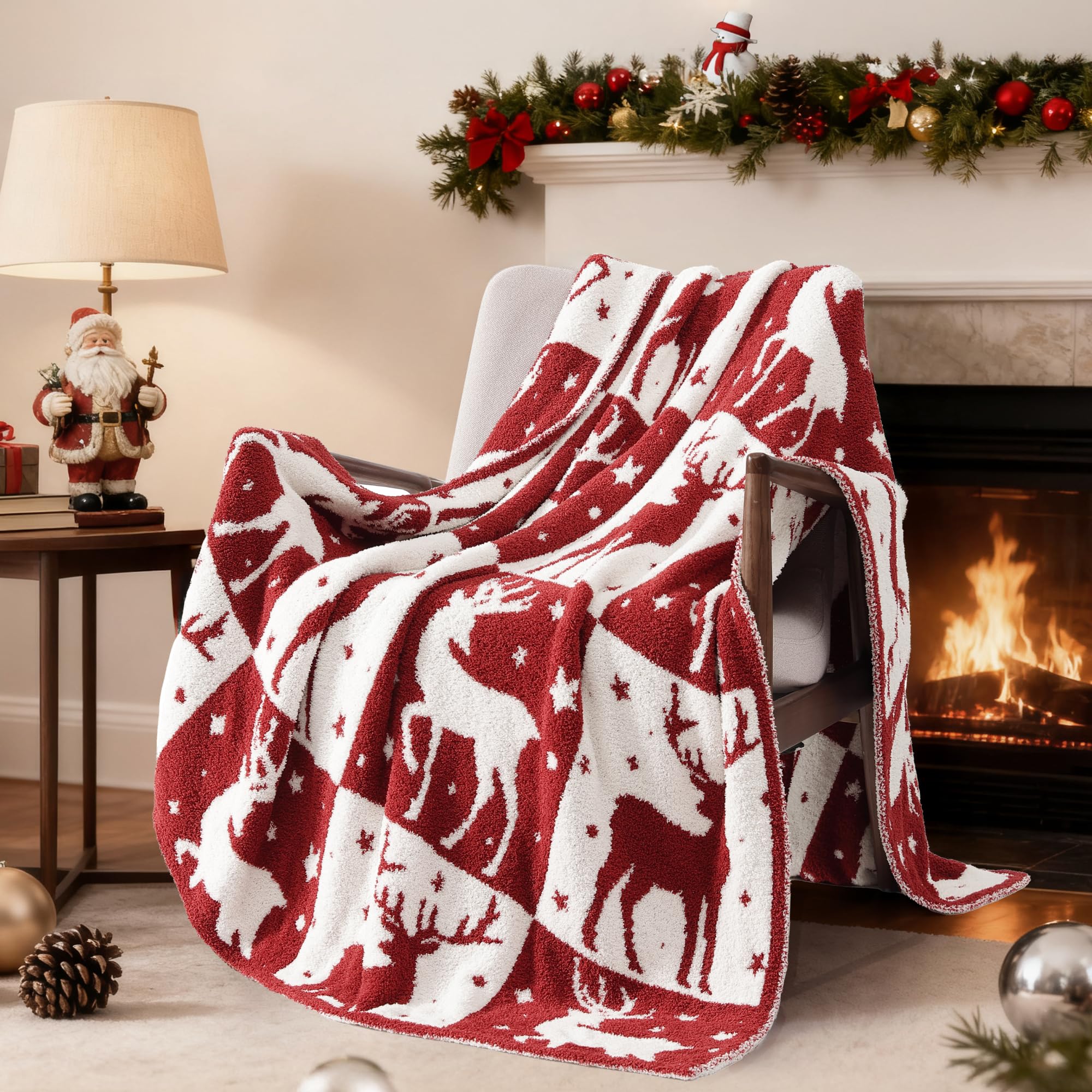 WRENSONGE Christmas Throw Blanket, Red Deer Pattern, Soft Cozy Fluffy Warm Throw Blankets for Couch, Sofa, Chair, Bed, Camping, Picnic, Travel Lightweight Bed Blanket - 50"*60" Image