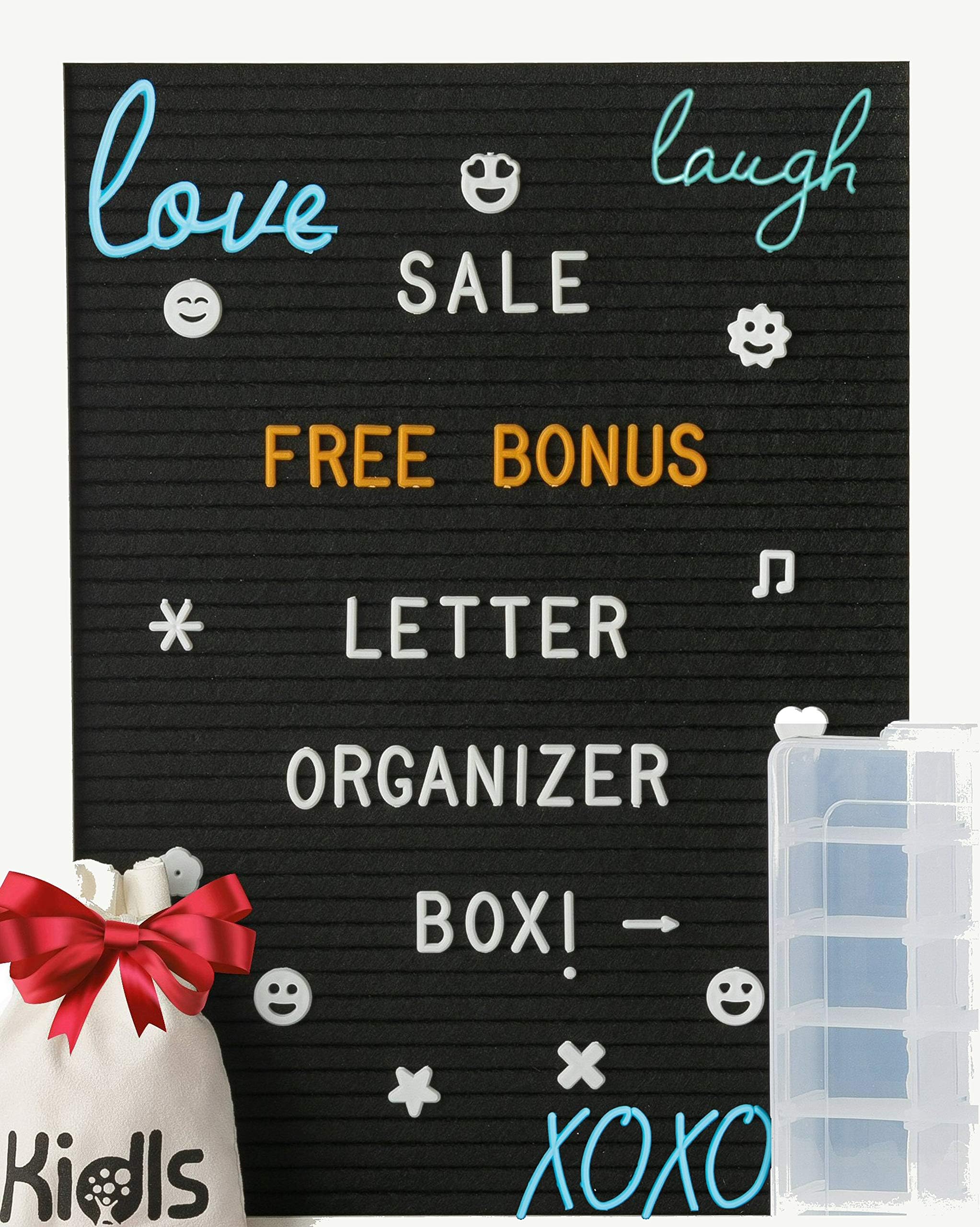 Premium Black  Felt Letter Board - 12x16 White Wood Frame with 750+ Changeable Letters, Numbers, Cursive words and Emojis - Message Board Sign - FREE BONUS: Letters ORGANIZER BOX and WOOD Block Stand