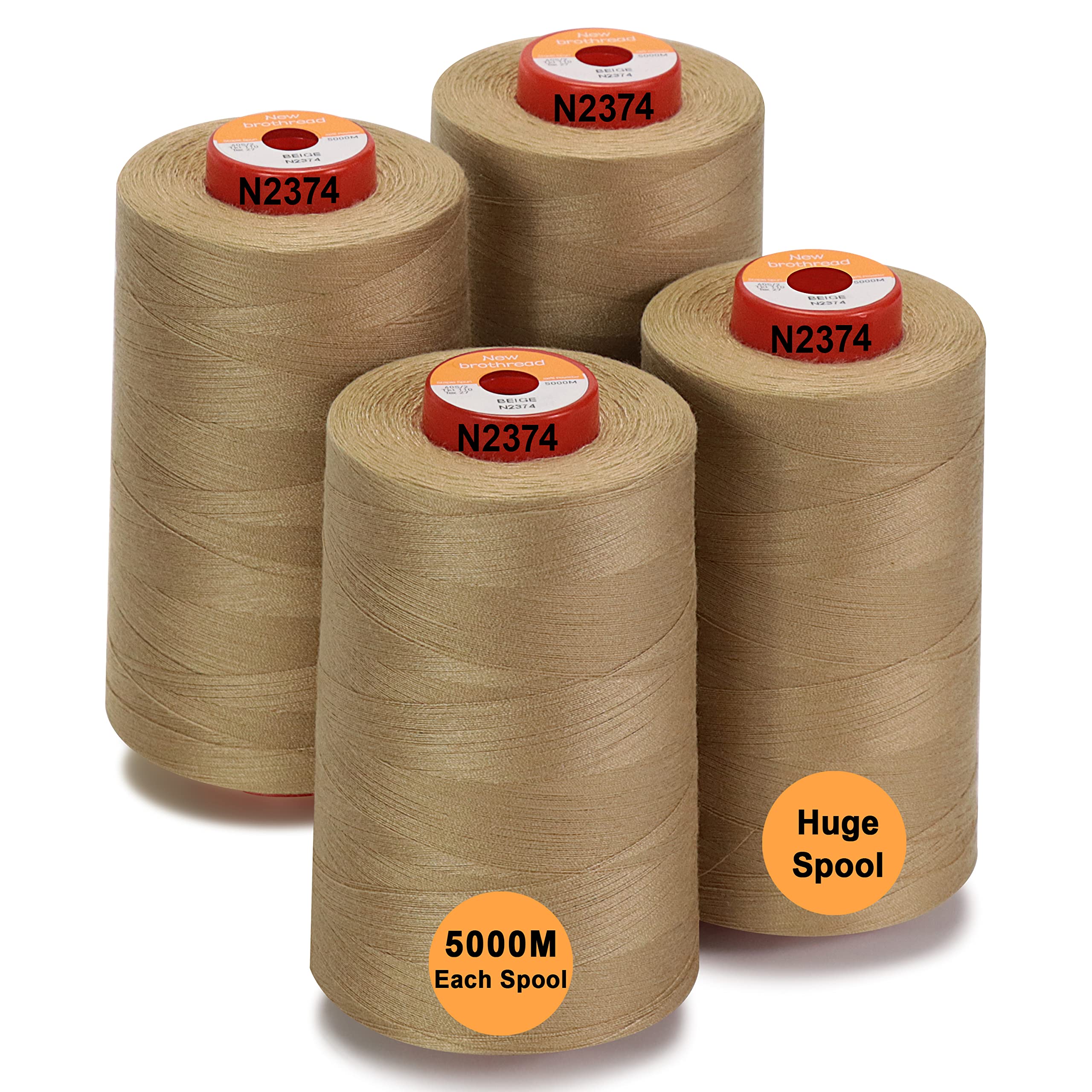 New brothread - 28 Options - 4 Large Cones of 5000M Each All Purpose Polyester Sewing Thread 40S/2 (Tex27) for Sewing, Quilting, Piecing, Serger and Overlock - Beige