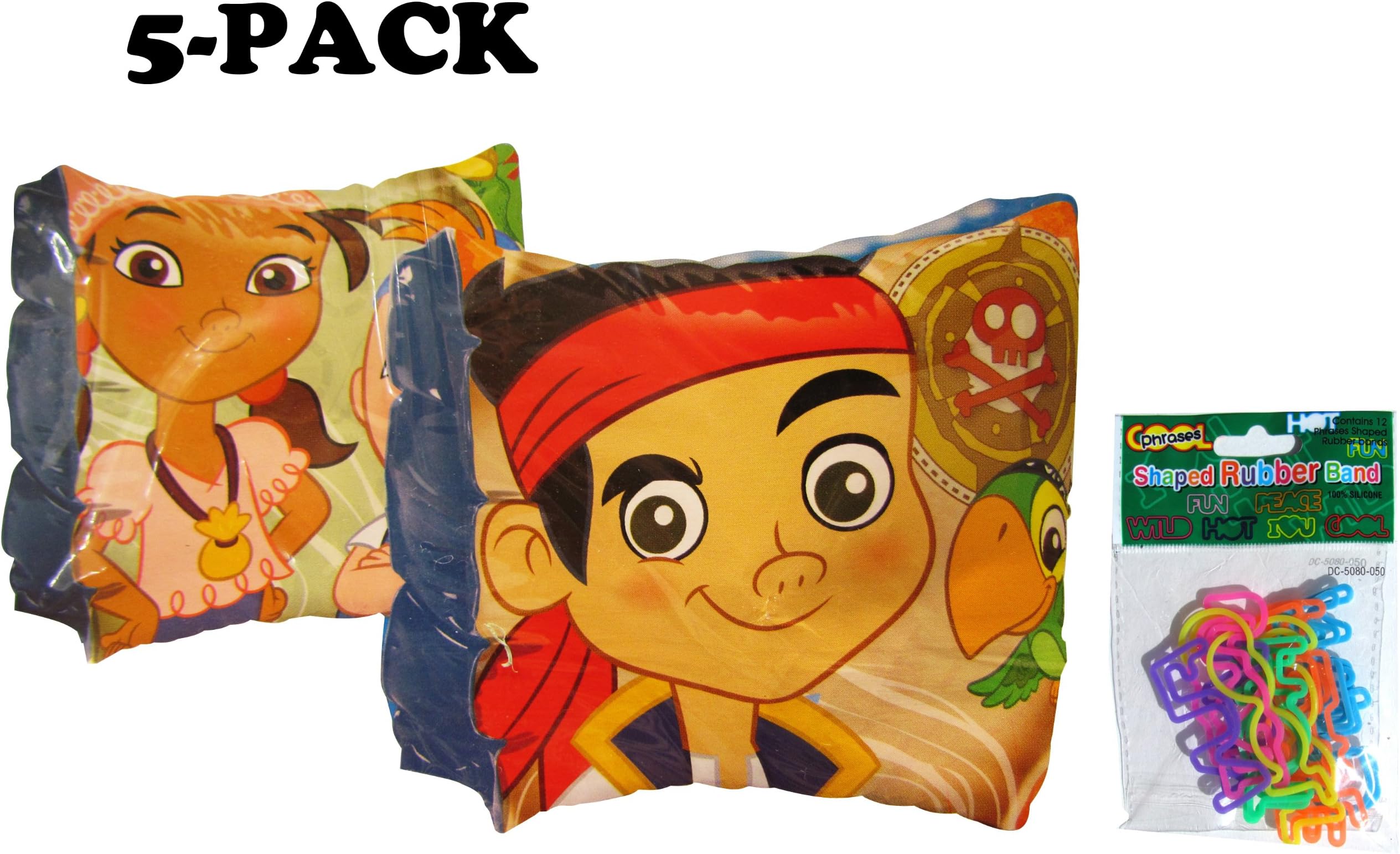 5-pack Jake and the Neverland Pirates Arm Floaties AND 12-pack "Fun Words" Silicone Bracelets - Five Jake and the Neverland Pirates Party Favors for Kids Pool Party (2 Item Bundle)