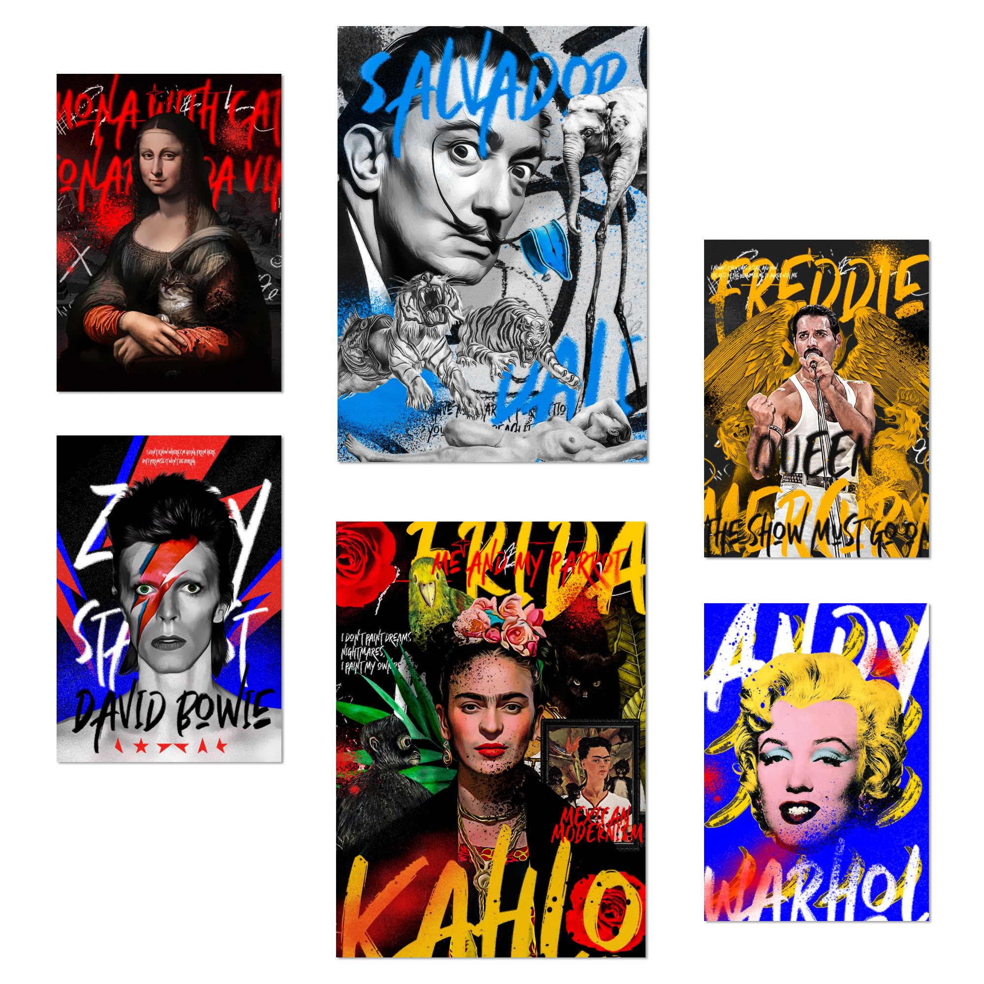 Nacnic Set of 6 Iconic Graffiti Pop Frida Dali Mercury Bowie Marilyn Posters with design illustration to decorate the walls of home. Rooms, office, shop, business. A3 and A4 size. Frameless.
