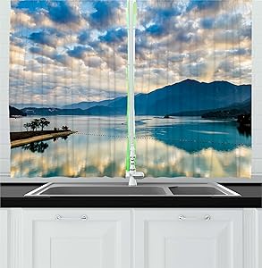 Ambesonne Tropical Kitchen Curtains, Surreal Cloudy Sky Reflections on Sun Moon Lake Idyllic Nature Asian Landscape, Window Drapes 2 Panels Set for Kitchen Cafe, 55W X 39L Inches, Sky Blue White