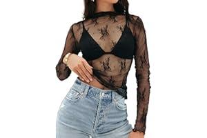 MEROKEETY Womens 2025 Lace Mesh Sheer Long Sleeve Top Sexy Y2k Mock Neck See Through Shirt Blouses