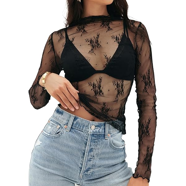 MEROKEETY Womens 2025 Lace Mesh Sheer Long Sleeve Top Sexy