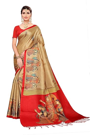 Women's Khadi Art Silk Printed Saree Border Tassels With Blouse Piece(RAJA-RANI_Free Size)