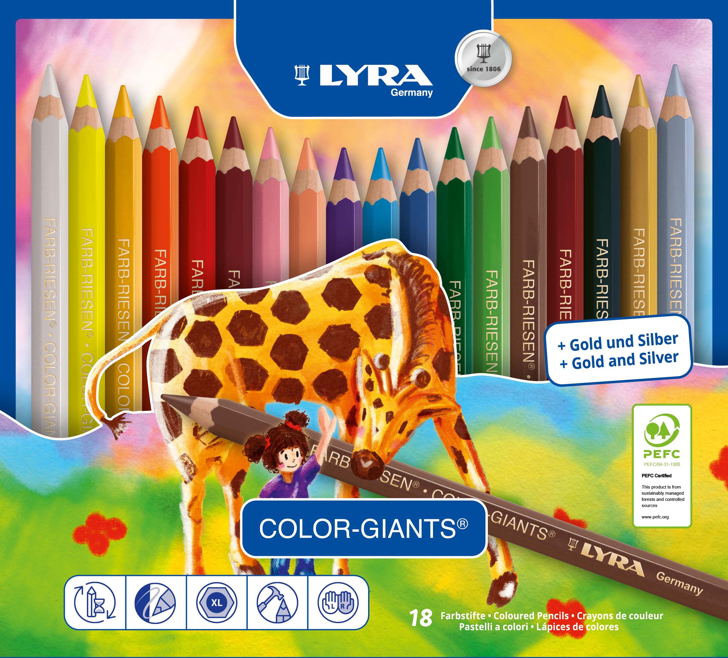 LYRA Color Giants Wooden Large Colouring Pencils, 18 Assorted Colours, For Children & Schools