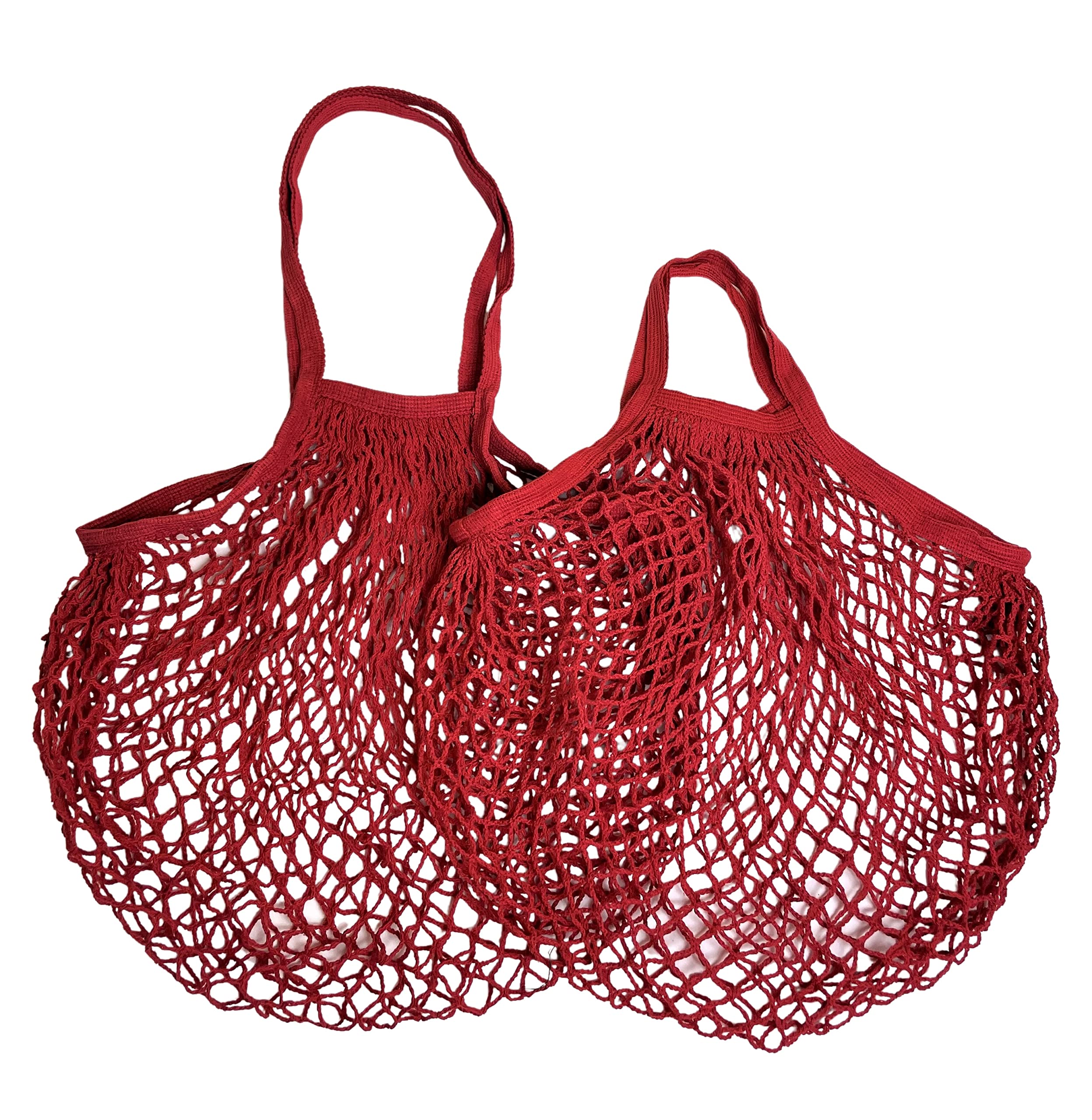 Modo Reusable (2 Pack) String Cotton Net Shopping Bags 1 Short & 1 Long Handle Bag Multipurpose Toys Storage (Red)