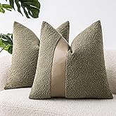 SINYASAN 18"x18" Moss Green Boucle Throw Pillow Covers with Faux Leather Accents Set of 2 Fluffy Textured Decorative Pillow Cases for Couch Bed Boho Farmhouse Neutral Cushion Covers for Nordic Home