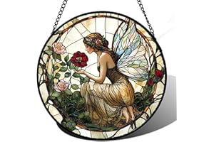 JOSUMALY Stained Glass Window Hanging - Butterfly Flower Fairy Suncatcher for Door Terrace Garden Home Decor Yellow Green Plants Sun Catcher Birthday Gifts for Lovers Women Men Dad Mom Nana 7.8 in