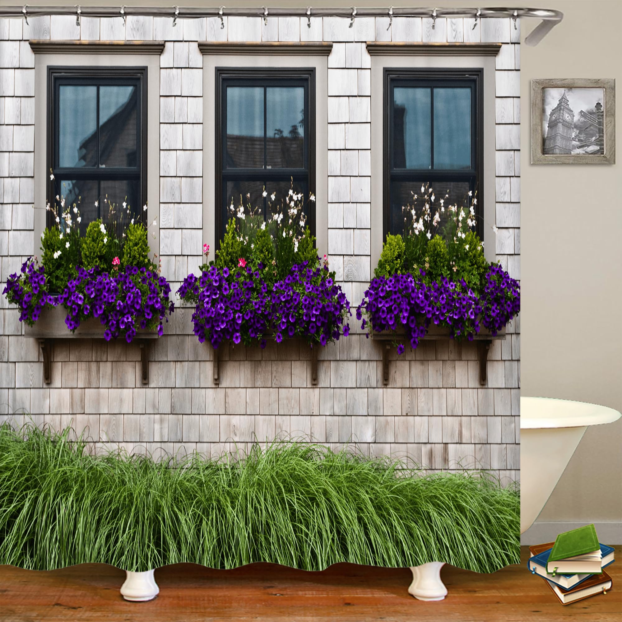 JIANGLANY Scenic Window Shower Curtain Outdoor 3D Garden View Purple Flowers on Windowsill Street Scenery Shower Curtain Waterproof Bathroom Curtain Decor Set with Hooks (200x200cm)