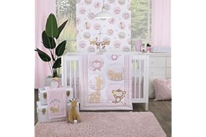 NoJo Sweet Jungle Friends Pink, White & Tan, Monkey, Cheetah & Giraffe with Polka Dots & Flowers 3Piece Nursery Crib Bedding Set - Comforter, Fitted Crib Sheet, & Crib Skirt, Pink, White, Tan