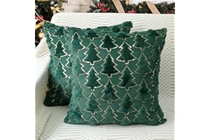 4TH Emotion Christmas Tree Decorative Pillow Covers 18x18 Set of 2, Green Soft Plush Faux Fur Farmhouse Throw Cushion Cases for Xmas Winter Holiday Home Decorations