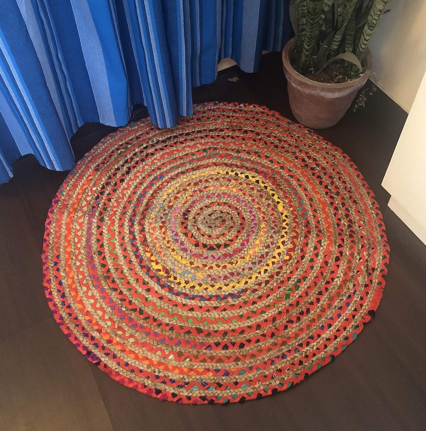 Buy Rangbhar Handmade Round Jute Rug, 90 cm, Round Chindi Rug for