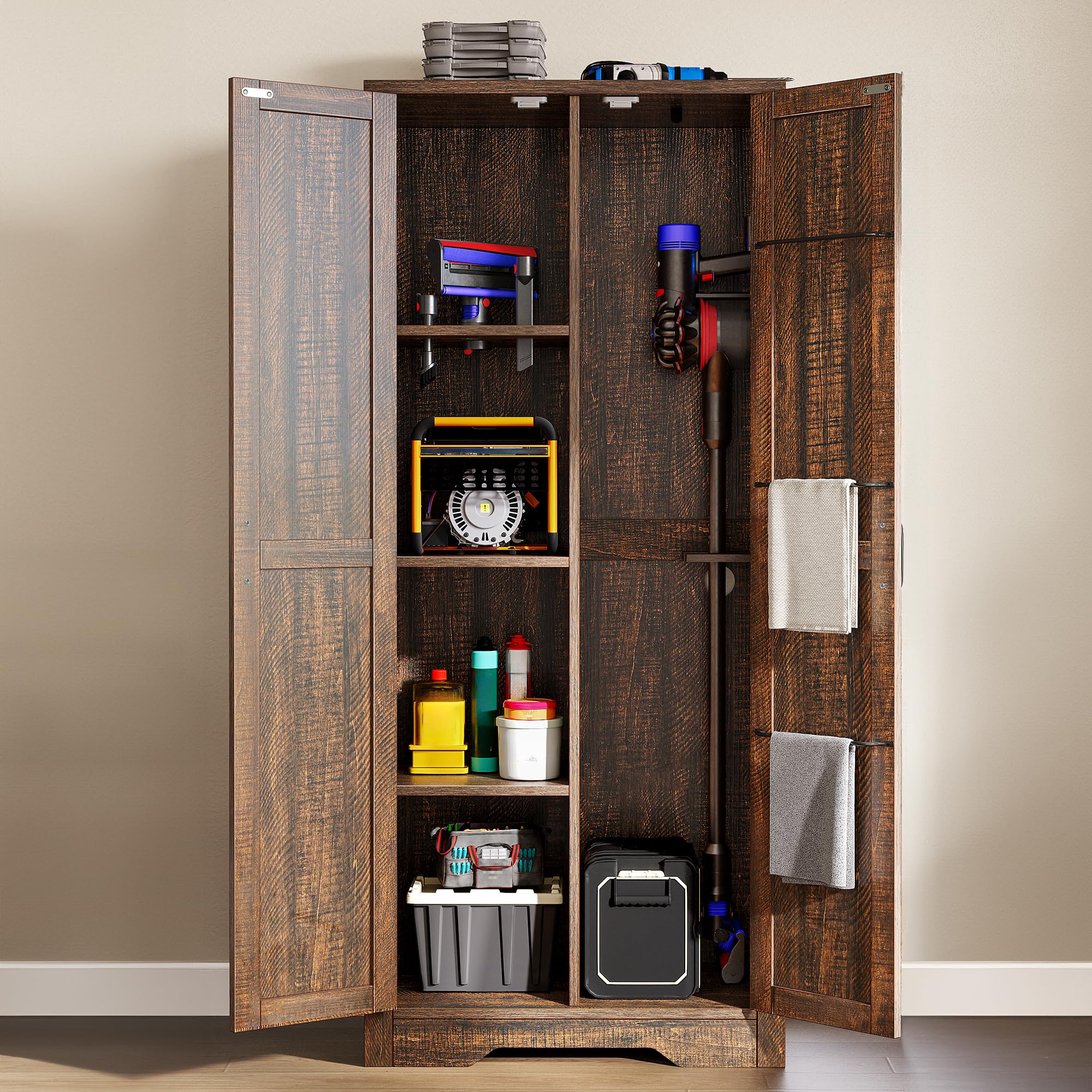 Photo 1 of DWVO Wooden Storage Cabinet, Vacuum Cleaner Storage Compatible with Dyson Models, Utility Stand for Brooms and Mops, Cleaning Tool Cabinet with Doors for Garage, Office, Home