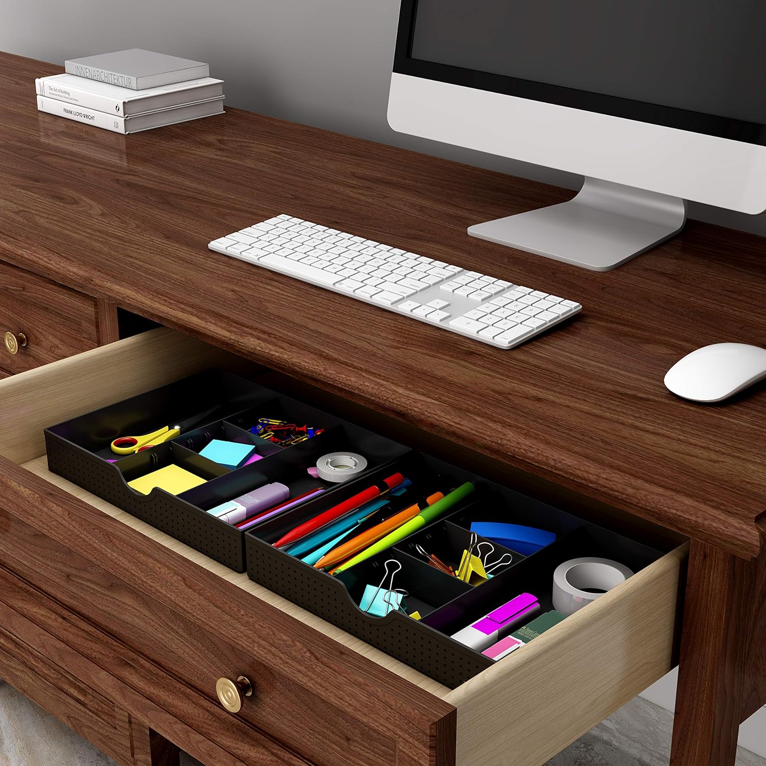 CAXXA 3 Slot Drawer Organizer with Two Adjustable Dividers - Junk Drawer Storage for Office Desk Supplies and Accessories, Black (1 Pack): Home Improvement
