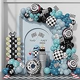 Race Car Balloon Garland Arch Kit 166PCS Dusty Blue Black Latex Balloon Wheel Checkered Foil Balloons for Race Car Two Fast Birthday Party Decorations