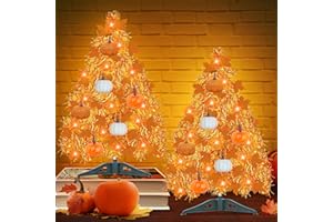 SAKAYO 2 Pack Fall Lighted Maple Tinsel Tree - Fall Thanksgiving Decorations - Maple Tree Light with Pumpkins, 20 LED Lights Tabletop Fall Tree for Autumn Harvest Home Party Indoor Outdoor Decor