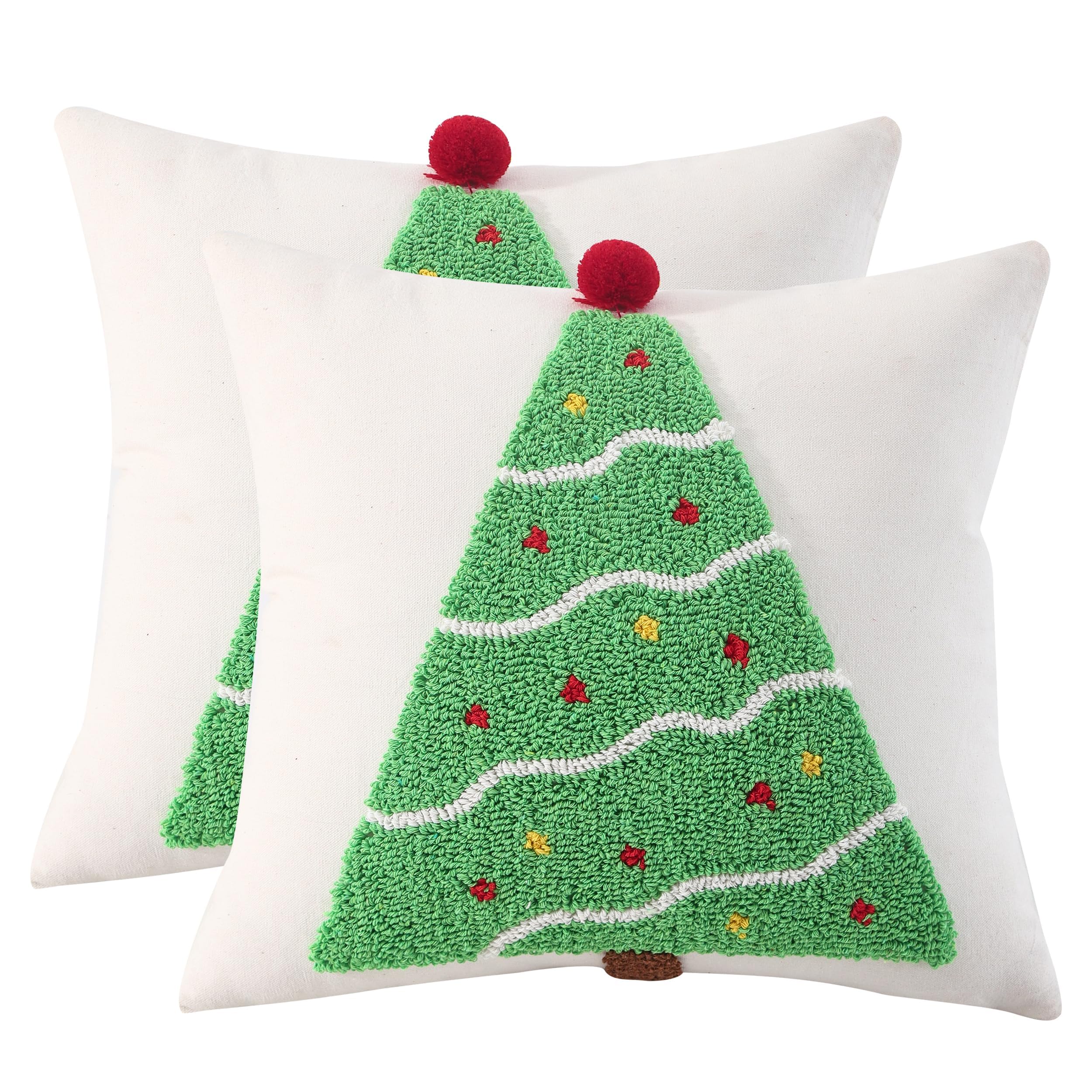 Tosleo Green Christmas Tree Tufted Throw Pillow Cover 18 x 18 Inch Set of 2 Cotton Christmas Party Decorations Winter Holiday Soft Cushion Case for Sofa Couch Bed Living Room