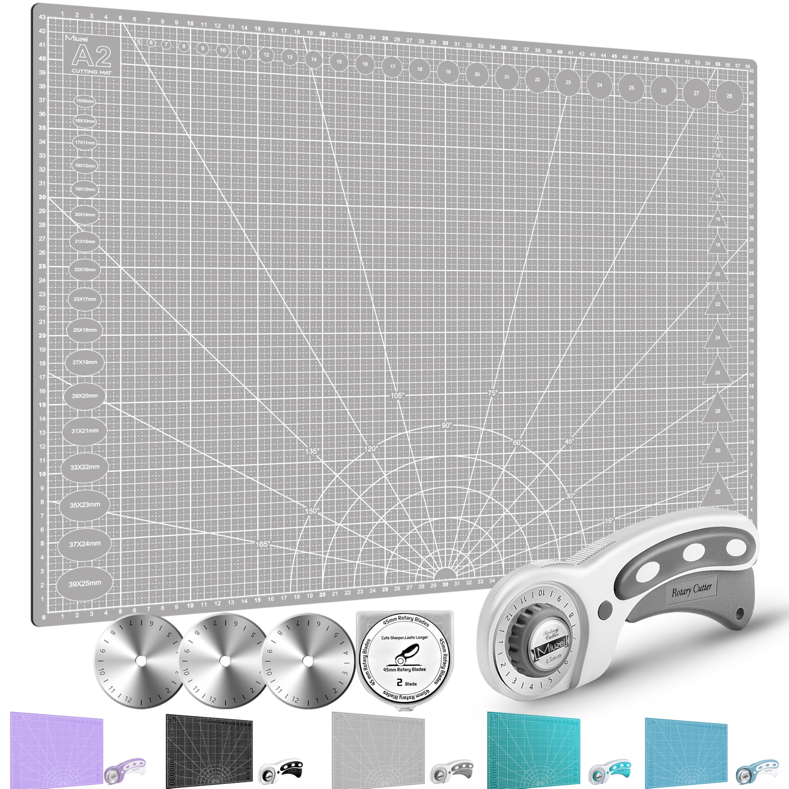 Miuzei Rotary Cutter Set: A2 Cutting Mat, 45mm Fabric Cutter, Self-Healing Craft Mat, Quilting Kit, Suitable for Cutting Fabric, Sewing, Leather and Paper Gray