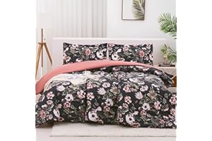 Mooreeke Floral King Size Comforter Sets, Black Pink Vintage Botanical Flower Printed Bedding for All Seasons, 3-Piece Vintage Bed in a Bag with Fluffy Quilted Reversible Comforter & 2 Pillow Shams